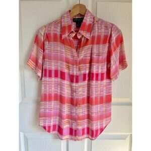 100% Silk Womens Vintage Coral Plaid Short Sleeve Button Down Blouse Sz Small